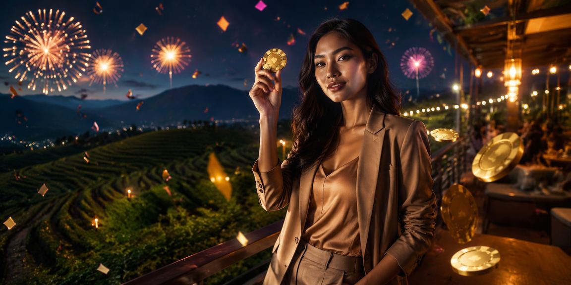Suasana festival meriah dengan dekorasi bonus rebate dan lampu warna-warni cerah