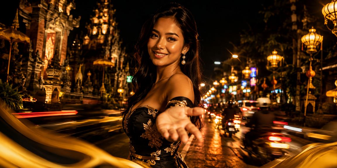 Suasana kasino malam dihiasi lampion berwarna dengan cahaya neon