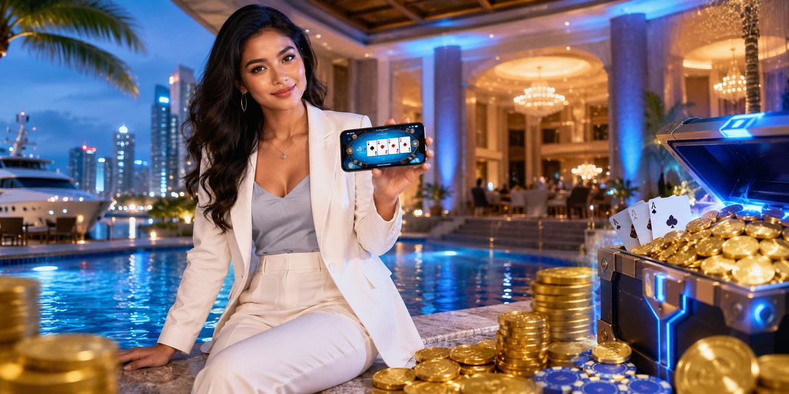 Model Vietnam berpose anggun di meja permainan kartu kasino bertema malam yang elegan