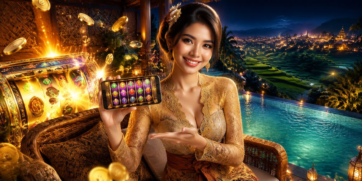 Model menikmati permainan slot di kasino online dengan suasana neon